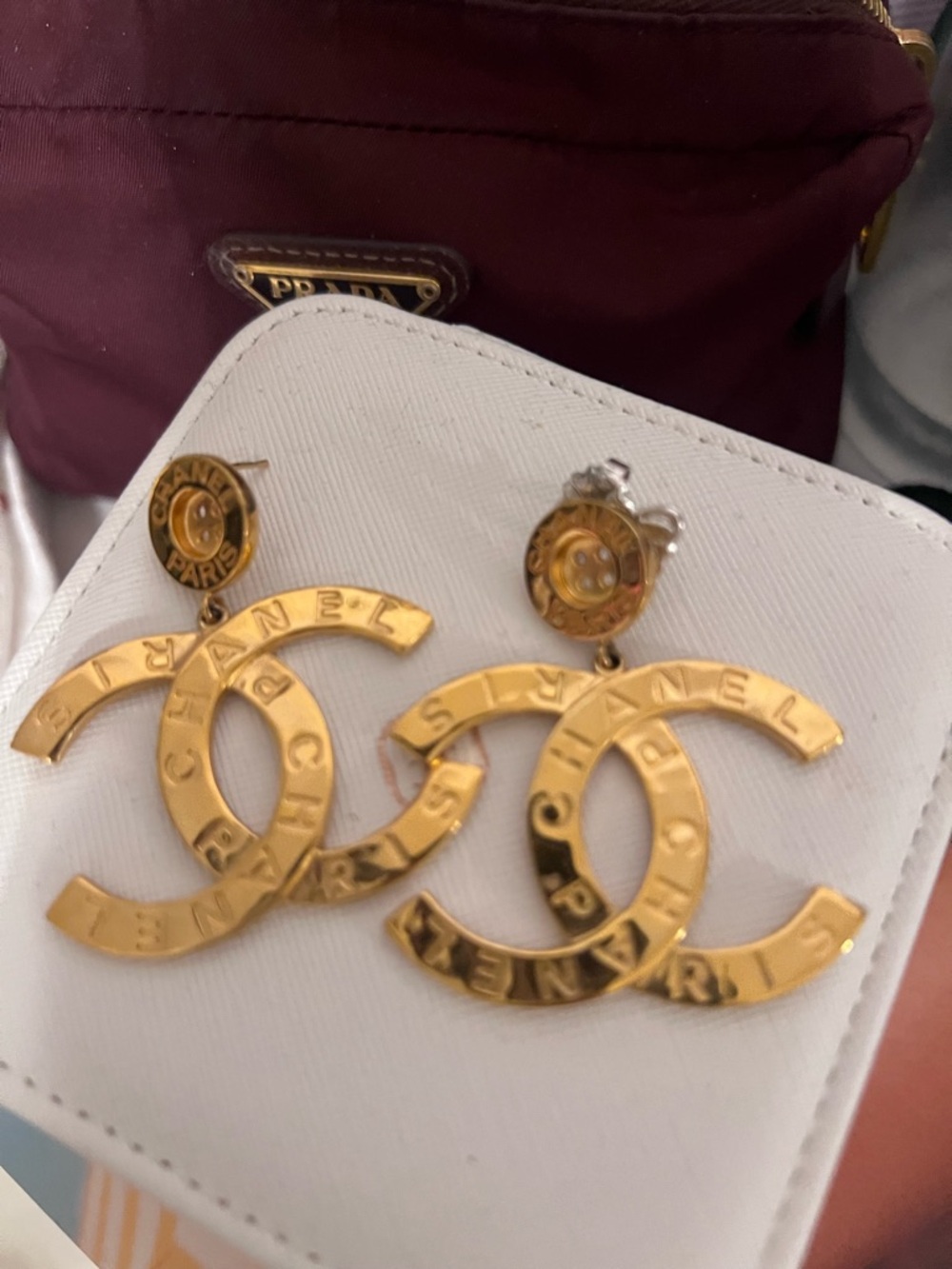 CHANEL Gold Interlocking CC Logo Drop Earrings
